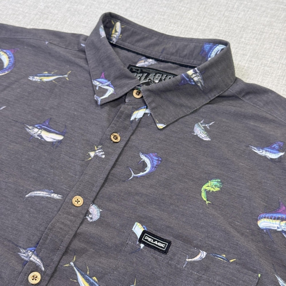 Pelagic Shirt Mens 2XL Gray Short Sleeve Button-Up Graphic Print Polyester